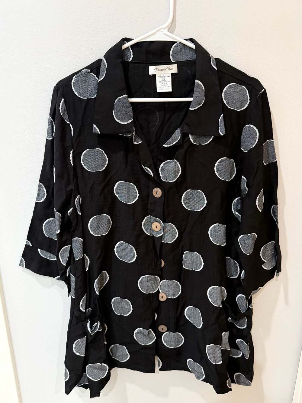 Black and White Polka Dot Button-Front Tunic Shirt with Pockets
